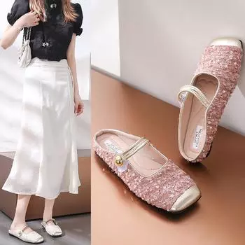 Серебристые полутапочки Baotou с французскими пайетками, весенне-летние темпераментные туфли Мэри Джейн, одиночные туфли на плоской подошве 40 чёрный