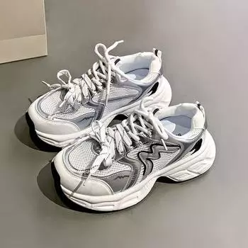 Серебристые ретро-туфли на платформе для папы для женщин, весна 2025, новые удобные дышащие универсальные повседневные спортивные туфли~ 35 чёрный