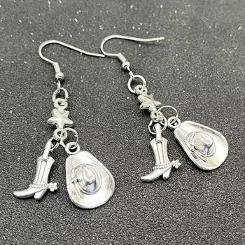 Серебристые сапоги в ковбойской шляпе, дизайн с пентаграммой, висячие серьги, ювелирные изделия из сплава, креативный подарок в готическом стиле для женщин и девочек серебряный