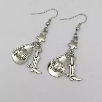 Серебристые сапоги в ковбойской шляпе, дизайн с пентаграммой, висячие серьги, ювелирные изделия из сплава, креативный подарок в готическом стиле для женщин и девочек серебряный