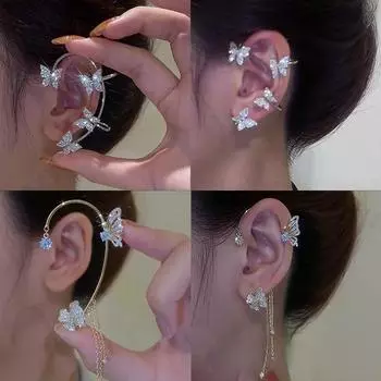 Серебристые серьги-бабочки со стразами без пирсинга для женщин, серьги-манжеты с цирконием, свадебные украшения right