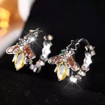 Серебристые серьги-кольца с пряжками в форме пчелы для женщин, серьги-кольца с желтым цирконием и насекомыми, висячие серьги для свадебной вечеринки, ювелирные изделия, подарок серебряный