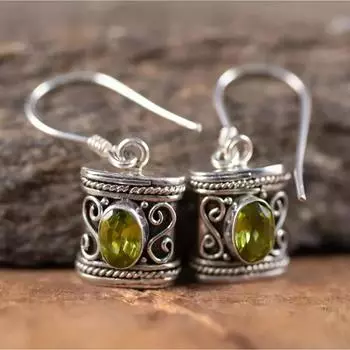 Серебристые серьги в богемном стиле с зеленым драгоценным камнем, висячие серьги в винтажном дизайне для женщин, нежный женский подарок серебряный