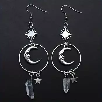 Серебристые Солнце, Луна, Звезда, искусственные кристаллы, висячие серьги, милый стиль, ювелирные изделия из сплава, нежный женский подарок