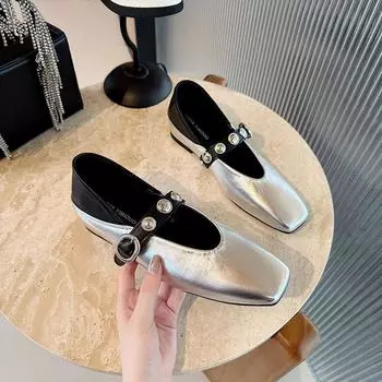 Серебристые туфли-лодочки женские весенние новые с квадратным носком с открытым верхом из лакированной кожи в стиле ретро модные с мягкой поверхностью на плоской подошве женские 35