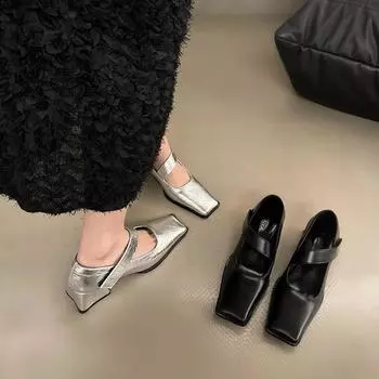 Серебристые туфли Мэри Джейн на толстом каблуке, женские туфли, весенние французские вечерние туфли, маленькие кожаные туфли 35 серебряный