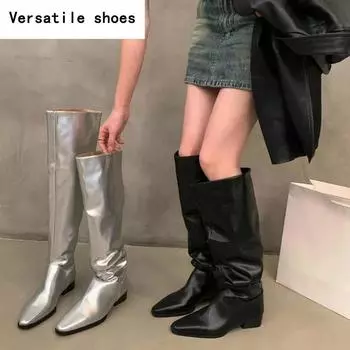 Серебристые женские сапоги выше колена, осенне-зимние, квадратный низкий каблук, женские, тонкие, лаконичные, длинные, Botas De Mujer 35
