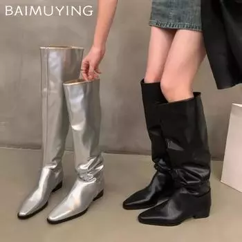 Серебристые женские сапоги выше колена зимние элегантные массивные кожаные туфли женские трендовые готические зимние челси Botas De Mujer 35