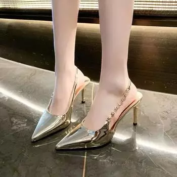 Серебристые женские туфли-лодочки на блестящем высоком каблуке с открытой пяткой, сандалии с металлическими кристаллами, туфли на шпильке с острым носком, вечерние модельные туфли, женские туфли 34 золотой