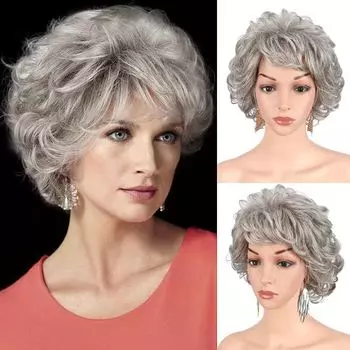 Серебристый Серый Короткий Вьющийся Волнистый Парик С Челкой Синтетические Модные Черно-Коричневые Волосы Парики для Женщин Пушистые Парики Ежедневное Использование Жаростойкие Парики серый ясень