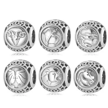 Серебро 925, модные 12 созвездий зодиака, металлические бусины для изготовления ювелирных изделий, подходят оригинальные серебряные подвески, браслеты белый