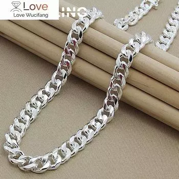 Серебро 925 пробы, 10 мм, 20/22/24 дюйма, кубинская цепочка, ожерелье для женщин и мужчин, модные украшения, подарки на день рождения 50cm
