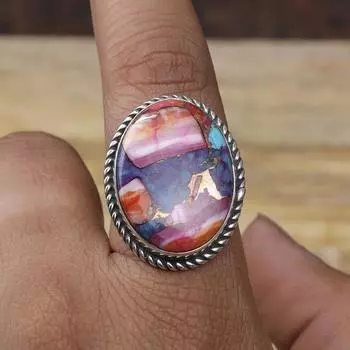 Серебро 925 пробы, Кольцо с овальным драгоценным камнем из меди и устрицы с бирюзой, Дизайнерское кольцо ручной работы, Кольцо в стиле бохо, Серебряные украшения-подвески, Кольцо с безелем, Юбилейное кольцо 6