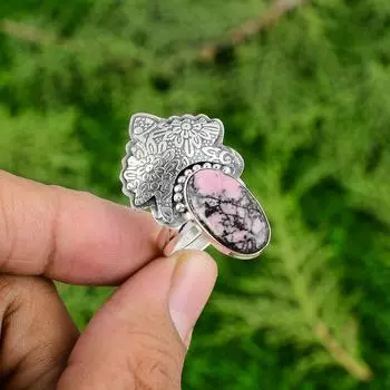 Серебро 925 пробы Натуральный Родонит Бохо Безель Заявление Ручной работы Кольцо для жены Ювелирные изделия Adjustable