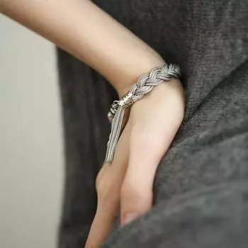 Серебро 925 пробы Ретро Новый китайский стиль Дреды Ручная работа Плетеный Витой Браслет с кисточкой Веревочка на запястье Дизайн для особых интересов Модный Классический Twist bracelet