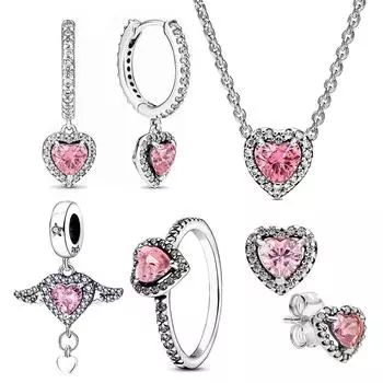 Серебро 925 пробы, розовое, блестящее, любовь, полная бриллиантовая серия, кольцо, ожерелье, серьги, милые дамы, изысканные ювелирные изделия, подарки