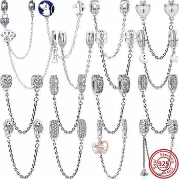 Серебро 925 пробы с принтом лапы дельфина, самолет, сердце, звезды, луна, блестящая цепочка безопасности, бусины, подходят к оригинальным подвескам, браслету, ювелирные изделия «сделай сам»