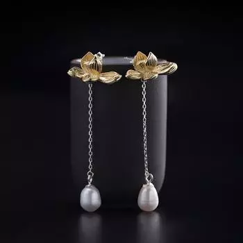Серебро 925 пробы в китайском стиле, позолоченные висячие серьги, женские длинные серьги с жемчугом и цветком лотоса, свадебные украшения EH103 серебряный