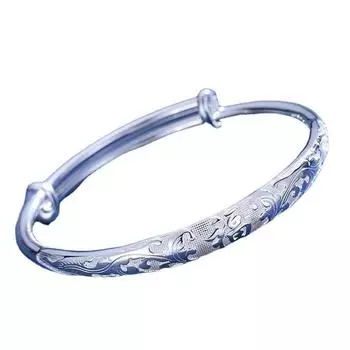 Серебро 9999 пробы Цветы, похожие на парчу , браслет с персонажем Fu, однотонный браслет из стерлингового серебра с пуш-пульным механизмом, китайский шикарный браслет в подарок на День матери Adjustable size