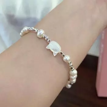 Серебро S925 с пресноводным жемчугом, кот, белый рябчик, браслет для девочек
