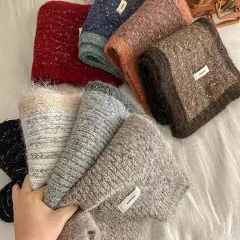 Серебро за окном~ Вязаный цветочный шарф, цветная рамка, теплый шарф для пары в студенческом стиле бежевый