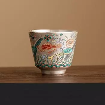 Серебряная чашка для чая с позолотой 999 пробы, с рисунком рыб и водорослей, одинарная чашка для домашнего использования, чашка для питья чая, китайский чайный сервиз в стиле кунг-фу, высококачественная персональная чашка 45ml