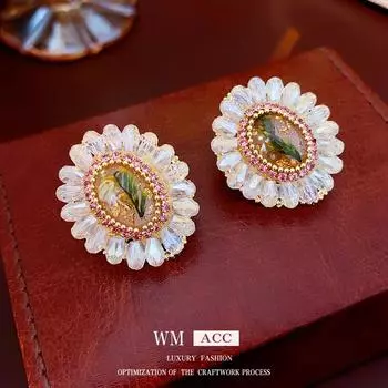 Серебряная игла, инкрустированная бриллиантами, хрустальные цветы, овальные серьги, ретро-серьги в дворцовом стиле, элитные серьги, темперамент 1#