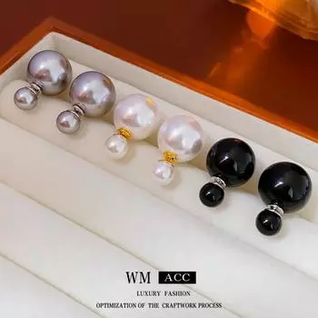 Серебряная игла, простая жемчужина, две серьги, модные и универсальные серьги, легкая роскошь и элитные серьги белый