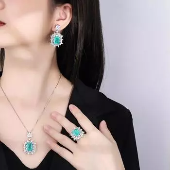 Серебряная игла S925 пробы, популярные имитационные ювелирные аксессуары, ожерелье «Параиба», изумрудные серьги, кольцо