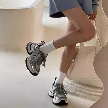 Серебряная платформа Dad Shoes женские те же летние дышащие увеличенные повседневные туфли короткие музыкальные кроссовки женские 35 серый