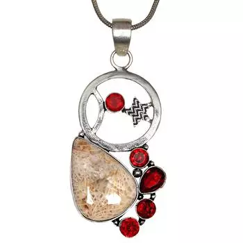 Серебряная подвеска ко Дню матери с ископаемым кораллом и гранатом 2,75 дюйма