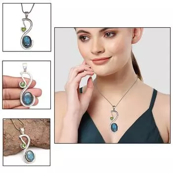 Серебряная подвеска с драгоценным камнем из красного коралла и хромдиопсида 2,75 дюйма