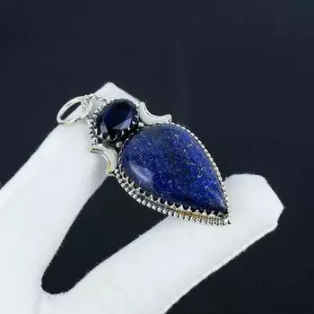 Серебряная подвеска с натуральным лазуритом и синим сапфиром из стерлингового серебра 925 пробы — дизайн ручной работы, повседневная бижутерия, подарок на День благодарения 2.35 синий