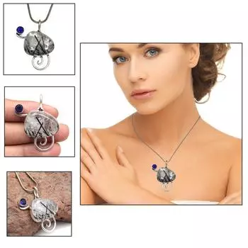 Серебряная подвеска-унисекс для женщин с черным рутиловым изумрудом и драгоценным камнем 1,75 дюйма