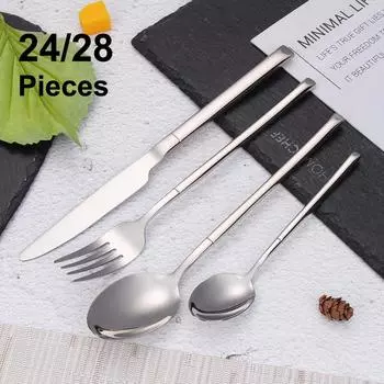 Серебряная посуда из нержавеющей стали, набор столовых приборов в западном стиле, зеркальная вилка, ложка, элегантная кухонная утварь, набор для ужина 12/16/20/24/28 предметов