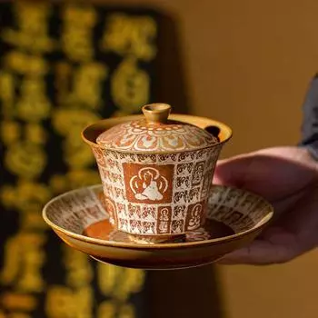 Серебряная позолоченная гайвань Mishi Qianfo, домашний чайник, китайская ретро-чаша для чайной церемонии, фарфоровый чайный сервиз в стиле кунг-фу