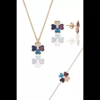 Серебряная роза, эмаль, модель клевера, тройной комплект, серьги, браслет, колье, комплект