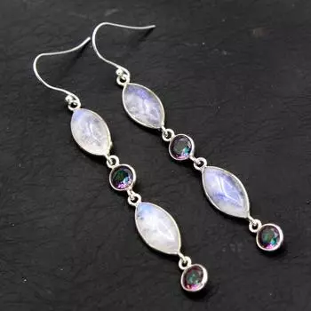 Серебряная серьга, Серьга из лунного камня, Эффектные украшения, Серебряные украшения 925 пробы, Женская серьга морская волна