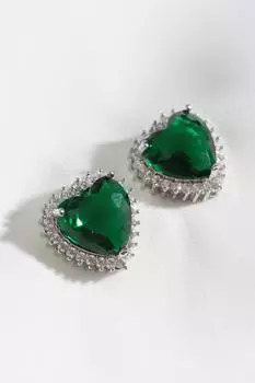 Серебряная серьга-сердце с зеленым камнем