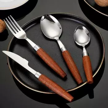 Серебряная столовая посуда из нержавеющей стали 304 с деревянной ручкой, столовые приборы, ножи, вилки, ложки, чайные ложки, кухонная посуда, утварь