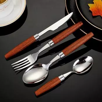 Серебряная столовая посуда из нержавеющей стали 304 с деревянной ручкой, столовые приборы, ножи, вилки, ложки, чайные ложки, кухонная посуда, утварь
