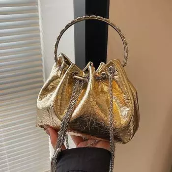 Серебряная сумка через плечо с цепочками и завязками на шнурке для женщин, летняя модная сумка-ведро, новая женская мини-сумка из искусственной кожи