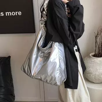 Серебряная сумка для женщин, новая модная и высококачественная сумка на одно плечо, большая вместительная сумка для поездок на работу, сумка-ведро через плечо