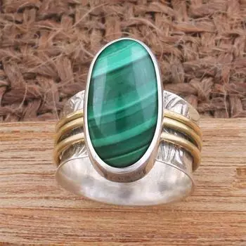 Серебряное кольцо 925 пробы, кольцо с большим овальным драгоценным камнем малахитом, двухцветное кольцо, уникальное кольцо, подарок для нее, эффектное кольцо, серебряные украшения-подвески, кольцо ручной работы 6