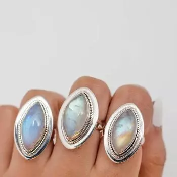 Серебряное кольцо 925, Радужный лунный камень, Кольцо маркизы с драгоценным камнем, Дизайнерское кольцо ручной работы, Кольцо с камнем рождения, Кольцо с безелем, Кольцо обещания, Ювелирные изделия с лунным камнем 6