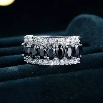 Серебряное кольцо маркизы огранки с черным камнем, кольцо вечности, свадебное обручальное кольцо, обручальное кольцо, подарок на годовщину 6 чёрный