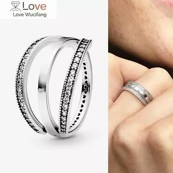 Серебряное кольцо Pan Ring Новое флип-кольцо с двухрядным кристаллом Cz Кольцо для женщин Свадебная вечеринка Подарочные модные ювелирные изделия 8