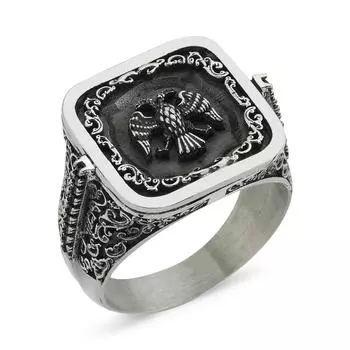 Серебряное кольцо ручной работы с двуглавым орлом и черным цирконом