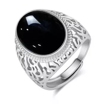 Кольцо мужское в корейском стиле с черным ониксом, кольцо с бриллиантом в форме дана, с полым узором, мужское кольцо из черного халцедона, простое модное открытое кольцо one size