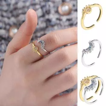 Серебряное кольцо с луной, золотое регулируемое кольцо для пары, модное кольцо со звездой и кристаллами для девочек sun
